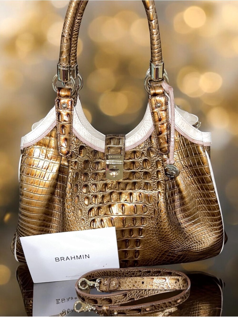 Brahmin Leather ELISA Shoulder Bag Satchel, Oak Primrose, Bronze Copper Gold